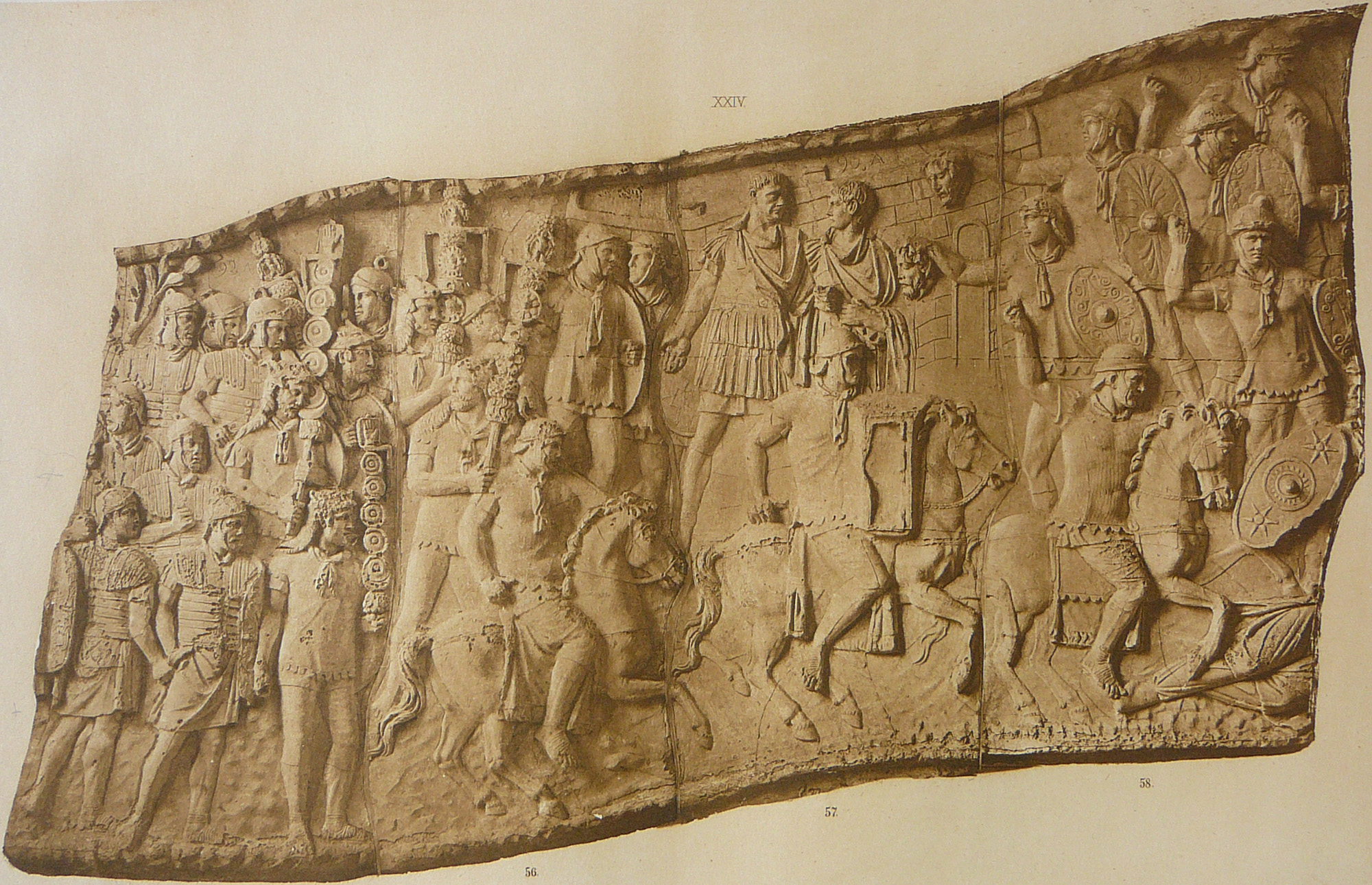 Colonna Traiana, parte della scena XXIV, tradizionalmente associata a Tapae: l’imperatore nel racconto della prima battaglia. Riproduzione della tavola XVIII di Cichorius (1896).