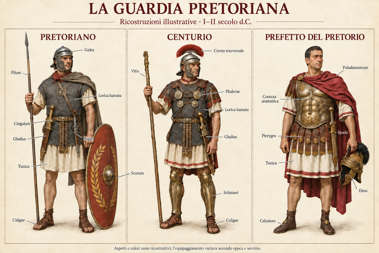 Pretoriano, Centurio e Prefetto del pretorio: equipaggiamento dai piedi alla testa con etichette degli indumenti e delle armi.